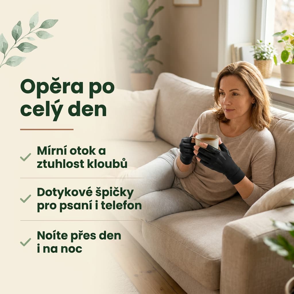 Kompresní rukavice bez prstů – dotykové špičky, mírní otok přes den i na noc